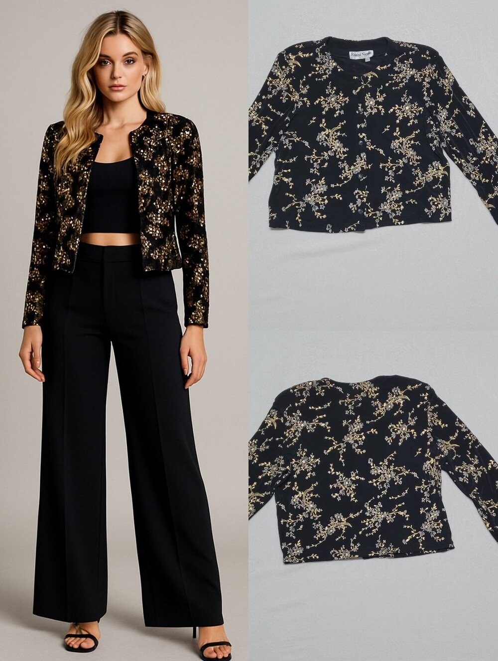 90s Vintage Ronni Nicole Black Gold Metallic Floral Button Up Cropped Jacket 14